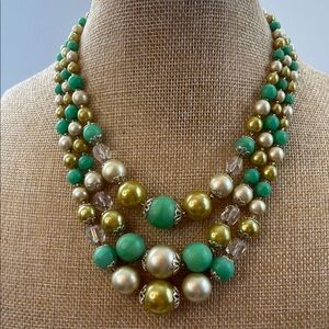 Vintage Japan Multi-Strand Beaded Green and Gold Necklace
